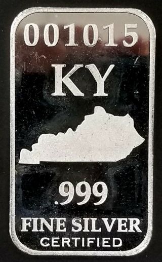 U.  S.  State Kentucky Full Troy Oz.  0.  999 Fine Silver Bar Ky 001015