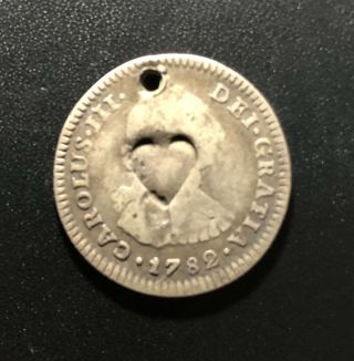 Mexico 1782moff 1 Real Silver Coin: Interesting Heart Stamp,  Holed