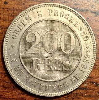 1889 Brazil 200 Reis Copper Nickel Coin Uncirculated