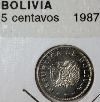 1987 Bolivia 5 Cinco Centavos Brilliant Uncirculated Coat Of Arms Coin