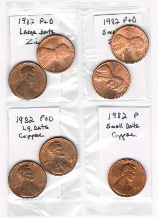 1982 P&d Lincoln Cent 7 Coin Set - Copper/zinc - Large & Small Dates