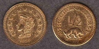 1858 California Gold Fractional Souvenir Token Liberty / Bear 1/2 - - - Fjcc
