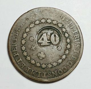 1823 - 1831 Brazil 40 Reis Pedro I Countermarked 80 Reis Copper Coin Km 444