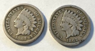 Two 1c One Cent Penny 1862 Copper - Nickel Indian Head Cent Bx6