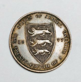 1877 Jersey 1/24 Shilling Queen Victoria Bronze Coin Km 7