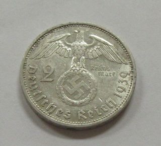 1939 - A Germany Silver 2 Mark Third Reich World War Ii Coin Km 93