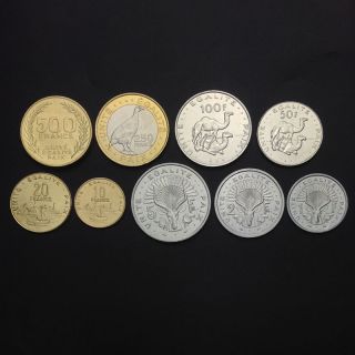Djibouti Set 9 Coins,  1 2 5 10 20 50 100 250 500 Francs,  1977 - 2016,  Real,  Unc