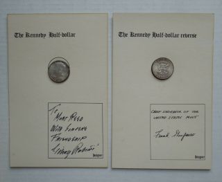 2 - 1964 Kennedy Half Dollars - With Signatures Of Designers On Cards