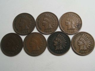 7 Vf/xf Indian Head Pennies - Full Liberty.  1900 (2),  1903,  1906 (2),  1907 (2).  45