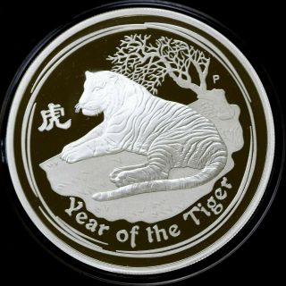 2010 Australian Lunar 2 Oz Silver.  999 Year Of The Tiger Bu Capsule