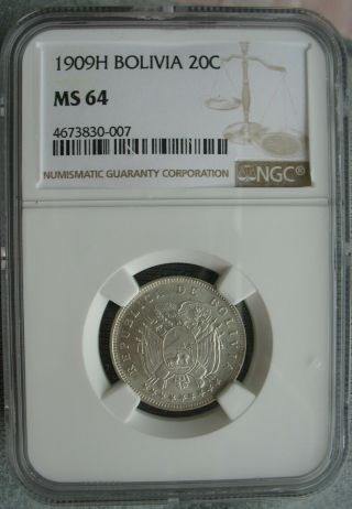 1909 - H Bolivia Silver 20 Centavos Ngc Ms - 64