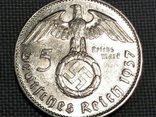 Third Reich Nazi Wwii Hitler Silver 1937 J Hamburg 5 Reichs Mark Swastika