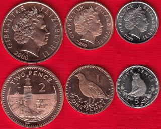 Gibraltar Set Of 3 Coins: 1 - 5 Pence 2000 Unc