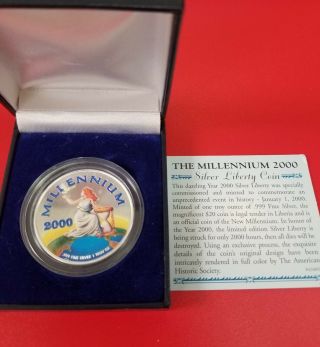 2000 $20 Colorized Republic Of Liberia.  999 Silver 1 Oz Millennium Coin Box