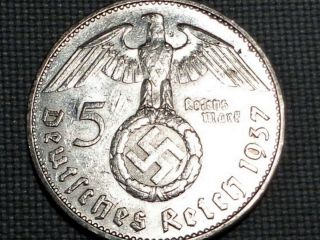 Third Reich Nazi Wwii Hitler Silver 1937 G Karlsruhe 5 Reichs Mark Swastika