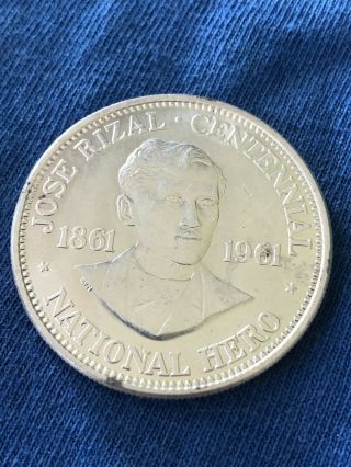 1961 Philippines Jose Rizal Nationalist Antique Silver 1 Peso Coin Good Price