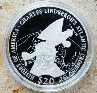 Liberia 20 Dollars 2001.  999 Silver Proof - Charles Lindbergh - Km 650 Rare