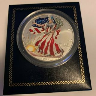 1999 American Eagle Painted Liberty 1 Oz Fine Silver Dollar Coin In Display Box
