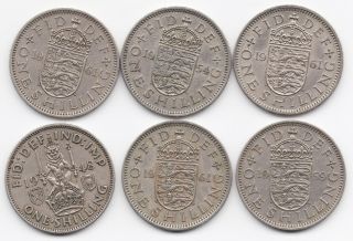 1948 1954 1959 1961 Great Britian One Shilling Coins