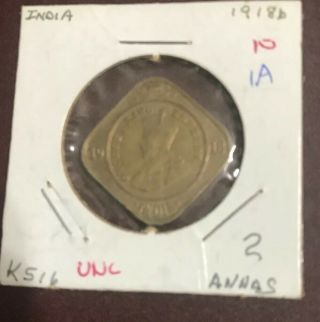 1918 British India 2 Annas - Great Design - Rare Unc Coin