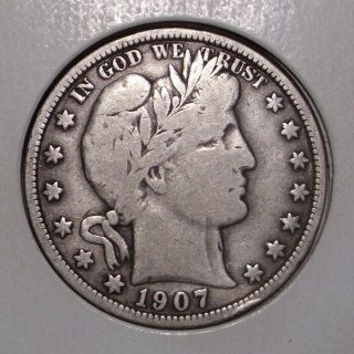 1907 Barber Liberty Head Silver Half Dollar,  Vg / Fine
