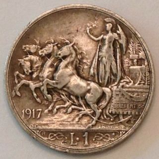 - 1917 Kingdom Of Italy Victor Emanuele Iii - One 1 Silver Lira / Lire
