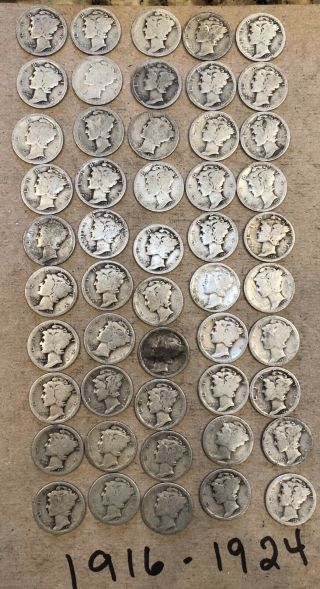 Mercury Dime Roll Of 50,  1916 To 1924,  A Few Mintmarks,  Average Circ 90 Silver