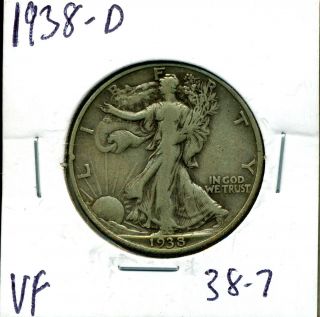 1938 - D 50c Walking Liberty Silver Half Dollar In Vf 38 - 7