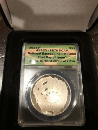2014 - P Baseball Hall Of Fame Proof Silver Dollar Pcgs Pr70 Dcam Fdoi (box Too)