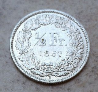 1957 - B Switzerland 1/2 Franc Brilliant Uncirculated Helvetia Silver Coin