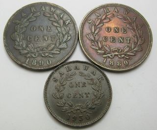 Sarawak 1 Cent 1880/1930 - 3 Coins.  - 315