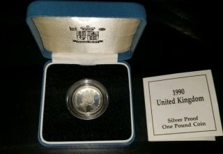 United Kingdom 1990 One Pound Sterling Silver Proof Coin In Case/coa