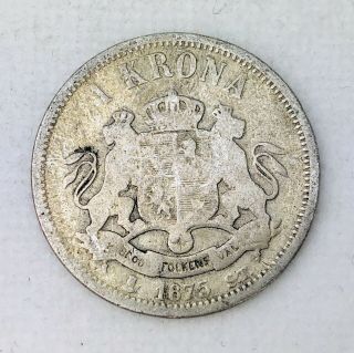 1875 Sweden One 1 Krona Oscar Ii " O " In Title Silver (. 800) Coin Km 741
