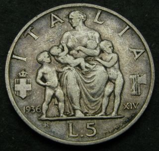 Italy 5 Lire 1936 R Yr.  Xiv - Silver - Vittorio Emanuele Iii.  - Vf - 3488