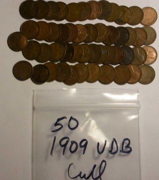 1909 Vdb Lincoln Wheat Cents (50 Cull Coins = One Roll) Id R653