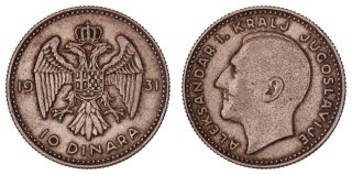 Xg.  136} Yugoslavia 10 Dinara 1931 / London / Silver / Vf