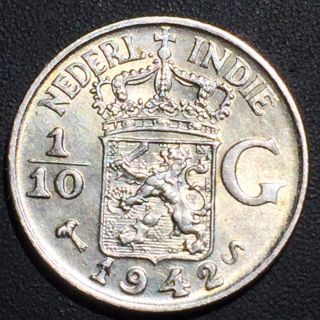 Old Foreign World Coin: 1942 - S Netherlands East Indies 1/10 Gulden, .  720 Silver