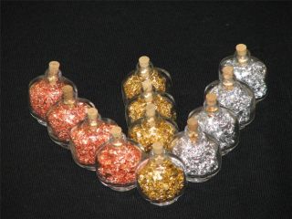 Gold,  Silver,  Copper Leaf Flakes In 12 Oval Glass Bottles With Cork 3 1/2 Ml