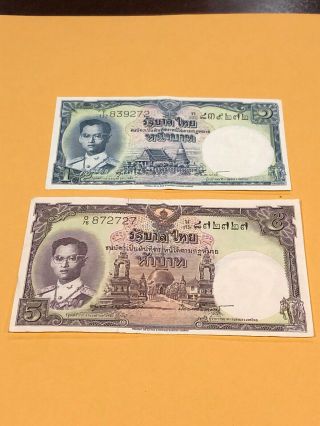 Thailand 2 Different Paper Money.  1 And 5 Bhat