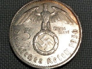 Third Reich Nazi Wwii Hitler Silver 1936 A Berlin 5 Reichs Mark Swastika