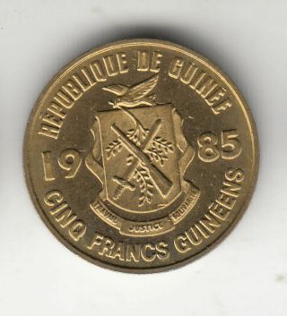 Guinea 5 Francs 1985 Brass Shield Unc 245b By Coinmountain