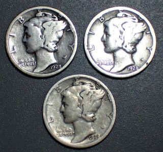 (3) 1928 Mercury Silver Dimes,  1928,  1928 - D,  & 1928 - S,  Average Circulated,  Lm20