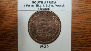 South Africa 1 Penny 1960 Queen Elizabeth Ii Uncirculated Bronze Coin