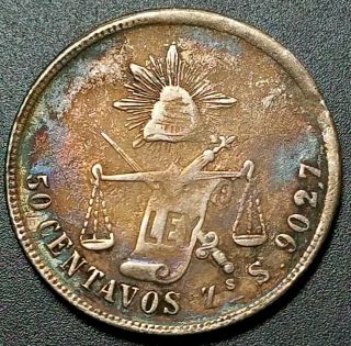 1877 Zs Mexico 50 Centavos Zacatecas Second Republic World Foreign Silver Coin