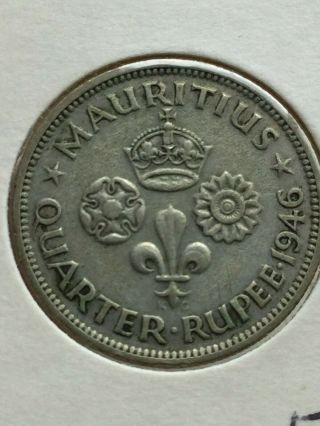 1946 Mauritius 1/4 Rupee Scarce Key Date Silver World Coin Xf