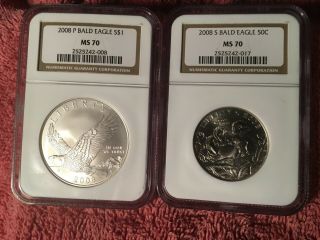2008 Ms70 Bald Eagle Pair Silver $1 Is P Ms70 Clad 50c Is S