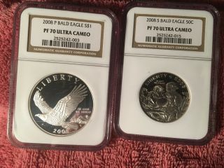 2008 Pf70 Bald Eagle Pair Silver $1 Is P Pf70 Clad 50c Is S