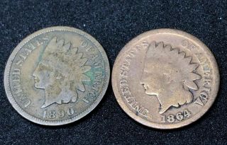 1864 & 1890 Indian Head Cent Penny (2 Coins) Estate Fresh