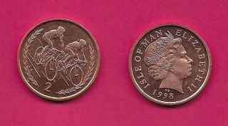 Isle Of Man British Dependency 2 Pence 1998 - Pmaa Unc Two Bicyclists,  Within Sprig