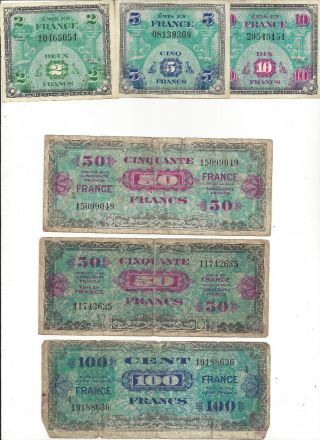 Series 1944 French Francs 2,  5,  10,  (2) 50,  100 Vg - Au (france)